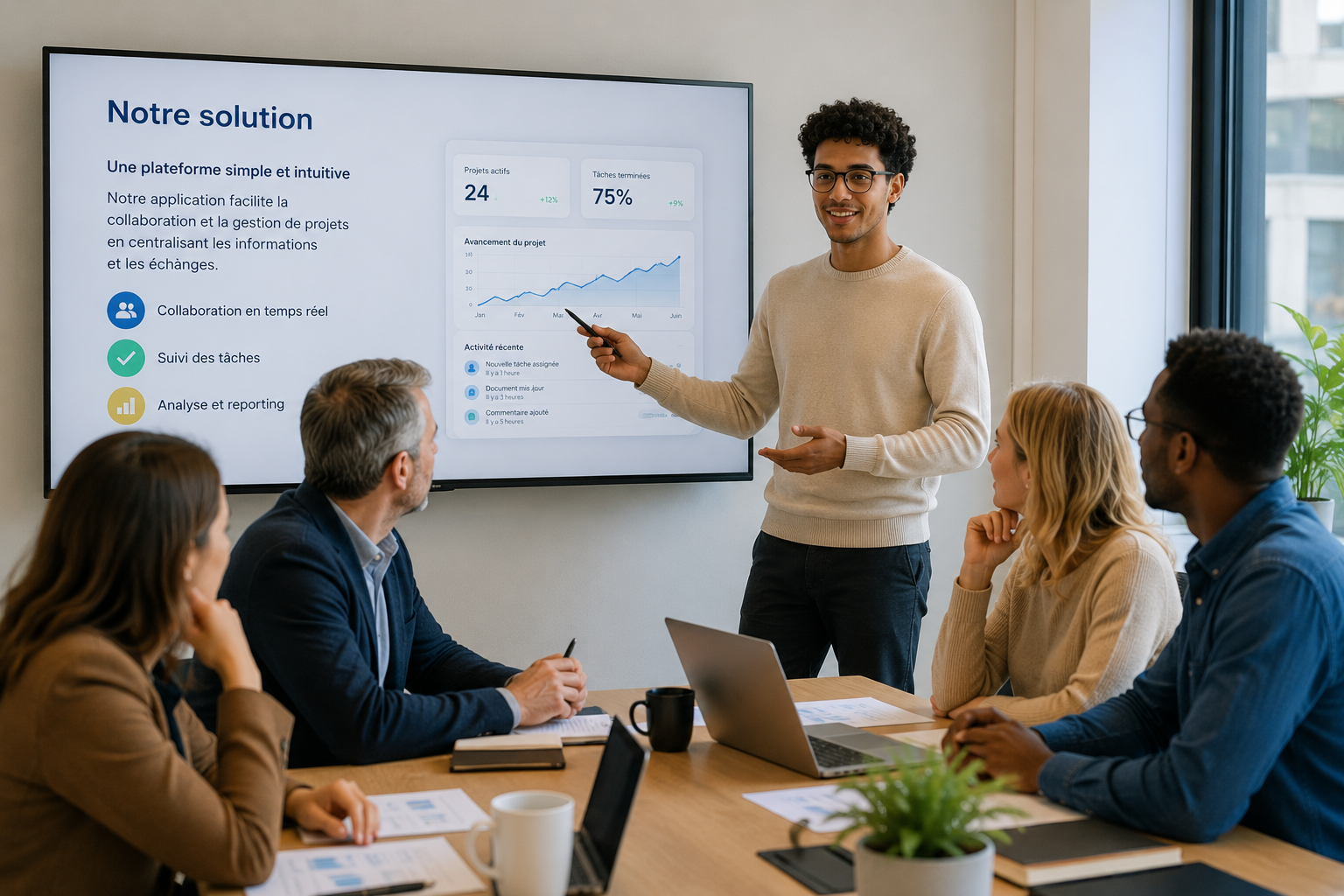 Espace de formation lumineux conçu pour le travail collaboratif.